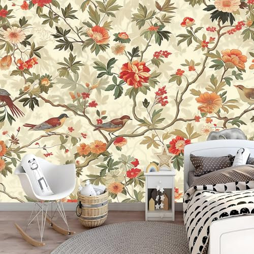 Carta Da Parati Fiori E Uccelli - Carta Da Parati Fotografica Color Crema 150 X 105 Cm Per Soggiorno, Sala Giochi, Decorazione Murale Fotografica Per Bambini