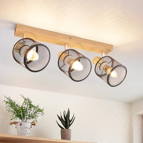 Deboola Deckenstrahler 3 Flammig Deckelampe Holz - Deckenleuchte E14 | Strahler Küchenlampe LED Schwenkbar Vintage Schwarz Spotleuchten für Wohnzimmer Schlafzimmer Flur Küche Ohne Leuchtmittel