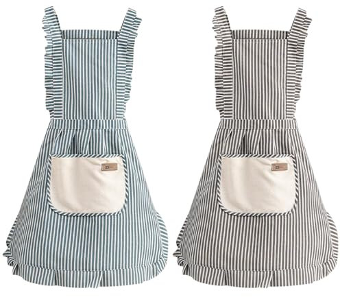 Hwtcjx Küchenschürze, 2 Stück Schürze mit Taschen, Verstellbare Küchen Schürze, Maschinenwaschbar Küchenschürzen, Schürze für Männer Damen Küche Restaurant Café (Streifen)