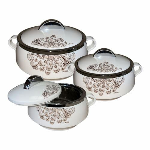 (Set of 3) White Floral Casserole Dishes with Lockable Lid & Handle – Round Stainless Steel Insulated Thermal Food Warmer for Serving Soups/Salads– Perfect for Parties (1L, 1.5L, 2Litre)