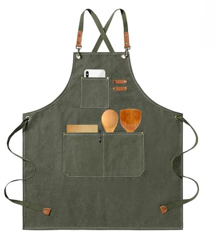 HIUOUIH Grembiule Cucina Grembiule Barbecue Uomo Regolabile Grembiule da Lavoro Donna con 3 Tasche Grembiuli in Tela Chef per Ristorante Bar Ristorante Pittura, Verde