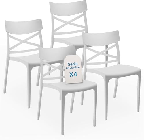 Tomaino - Sedia in Plastica Da Cucina Croix - Set 4 Sedie Plastica Impilabili Per Esterno e Interno - Sedie per Giardino, Soggiorno, Balcone o Bar - Bianco