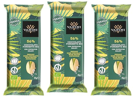 3X Vanini Uganda Tavoletta di Cioccolato Fondente 56% con Pistacchi Salati (Gluten Free - Vegan) 85g