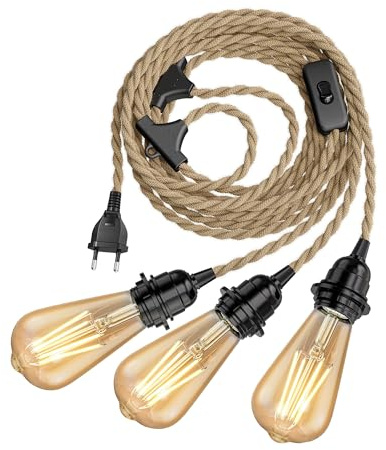 ledscom.de Hampakabel LEKA, kontakt, strömbrytare, 8 m, lamputtag, inkl. 3x E27 LED-lampor, ST64 (4 W, 489lm, extra varmvit)