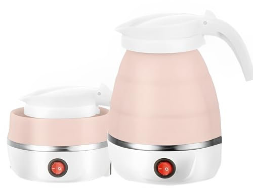 AHDXKUE Foldable Electric Kettle, Travel Kettles Electric Small, 600ML Silicone Mini Kettle Portable Kettle, Tea Coffee Maker, Travel Kettles with Separable Power Cord for Outdoor Hiking Camping, Pink