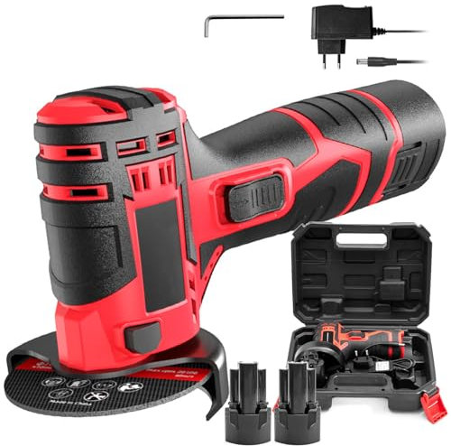 Mini amoladora angular | Kit inalámbrico de 12 V con 2 baterías de 2000 mAh y cargador | Amoladora compacta con discos de 76 mm para cortar, moler, pulir y afilar