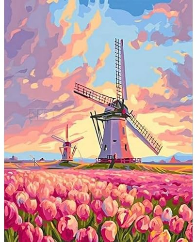 JICFDAO DIY Diamond Painting Landschaft 40x50cm Diamond Painting Glitzer Diamant Malerei Bilder Windmühle Malen nach Zahlen Blumen Rosa Stickbilder Erwachsene für Heimdekor Basteln Malen Handarbeiten