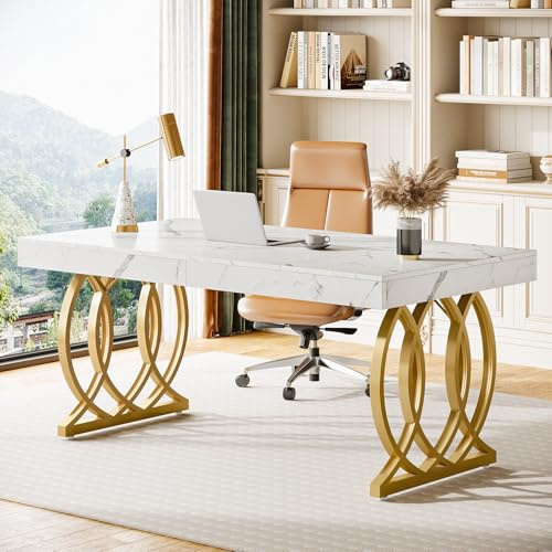 Tribesigns 63-Inch Executive Desk, Modern Office Computer Desk with Stylish Gold Legs, Rectangular Workstation for Home Office, Small Conference Table for Meeting Room (White & Gold)