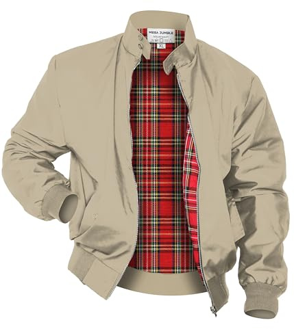 Mega_Jumble Mens Vintage Harrington Jacket Classic Retro Mod Skin Scooter 1970's Bomber Tartan Check Lining Retro Style Coat (UK, Alpha, XL, Regular, Regular, Beige)