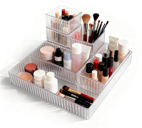 Clear Drawer Organizers Bins: 7 PCS Stackable Makeup Drawer Organizer Trays,3 Size Plastic makeup divider,Drawer Storage Containers,Drawer Dividers for for Vanity,Bathroom,Desk,Office, Bedroom