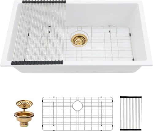 33x19 Granite Composite Kitchen Sink - Couoko White Quartz Undermount Kitchen Sinks Classic Under Counter Single Bowl Sinks Basin