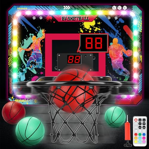 Cheffery Canestro da Basket Dinamico da Muro, Mini Canestro Basket da Camera con Cambiamento Colore Luci LED, Segnapunti e 4 Palloni, Sopra la Porta, Regalo per Bambini Ragazzo Ragazza