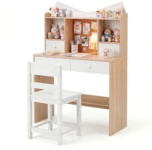 COSTWAY Kids Desk and Chair Set, Wooden Student Study Table with Drawers, Open Shelves, Cork Bulletin Board, Children Computer Workstation for 3-7 Years Old (Natural+White)