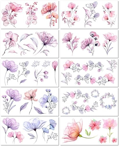 10 Sheets Flower Temporary Tattoos For Women Girls Fake Watercolor Rose Lily Tattoo Stickers Waterproof Art For Face Body Arm Birthday Party Favors Supplies Gifts