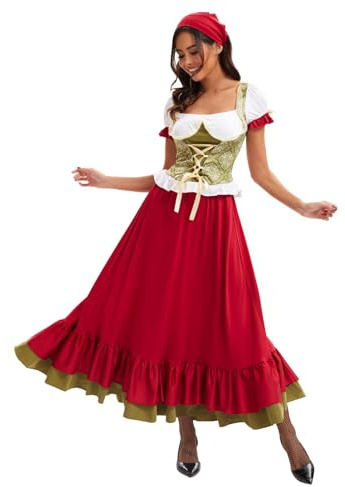 RAOKENSU Conjunto de traje tirolés para mujer, Oktoberfest, traje de cerveza, disfraz con blusa tradicional, elegante, vestido tirolés con delantal de encaje, mangas abultadas, blusa tirolesa