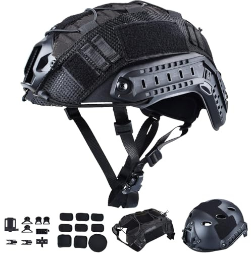 ActionUnion Tactical Airsoft Paintball Fast Helmet with Cover PJ Type Adjustable Protective NVG Mount forMulticam Military Sports Hunting Shooting (Black-CP)