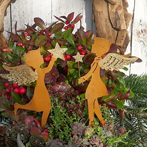 Storm's Gartenzaubereien Gartenstecker Engel Figur 2er Set zum Stecken mit Stern in Rostoptik - Gold 20cm