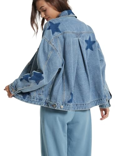 D-Sun Women's Oversized Jean Jacket Stars Printed Boyfriend Vintage Button Down Denim Jacket Coat