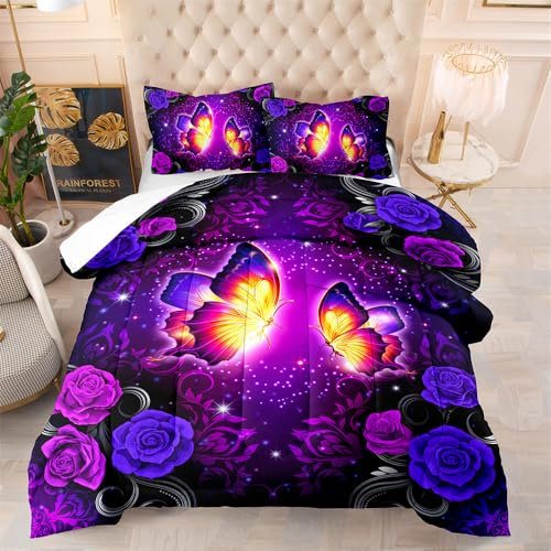 Bettdecke 140X200 Rosenschmetterling Bettdecken 200Gsm,Dünne Und Leichte Duvet,4 Jahreszeiten Bettdecken,Weiche Mikrofaser Bettdecke Mit 2 Kissenbezüge,Warm Steppbettdecke Für Allergiker