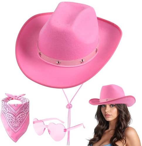 Aomig Cowboy Western Hatt, maskeraddräkt för vuxna, med solglasögon och bandana, utklädningstillbehör för halloween och karneval, B-rosa, 39.5 cm x 30 cm