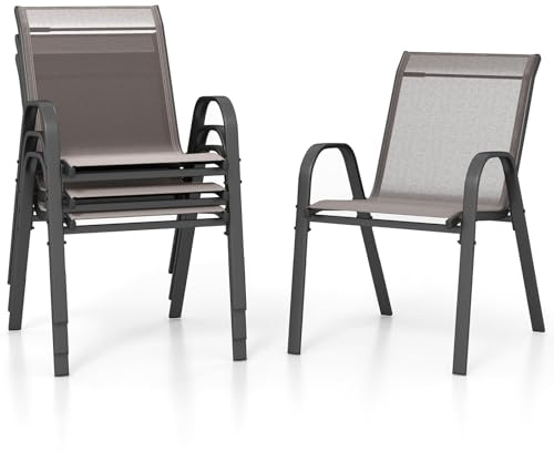 FANTASK Gartenstühle stapelbar, Terrassenstühle, Balkonstühle aus Textilene & Metallgestell, 4er Set Stapelstühle mit Armlehnen, bis 150 kg belastbar, 56 x 70 x 84 cm (Grau)