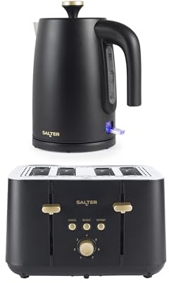Salter Alchemy Kettle & Toaster Set – 1.7L BPA-Free Electric Kettle with 3kW Rapid Boil, 360° Swivel Base & Boil Dry Sensor, 4-Slice 1850W Toaster with 7 Browning Levels & High-Lift Eject, Black/Gold | 3kW Rapid Boil, 1850W, 7 Browning Levels, Defrost Reheat Cancel, 360 Swivel Base, Auto Shut Off, Removable Crumb Tray