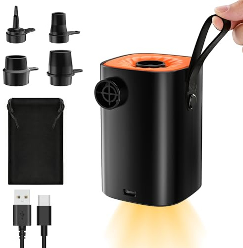 iFunSky Gonfiatore Elettrico Portatile, 4000mAh Pompa Elettrica con 4 Ugelli/Luce Campeggio/Gancio Adatto per Materasso Gonfiabile,Divano Gonfiabile,Materassino Campeggio,Piscina