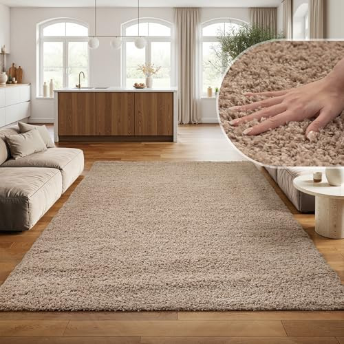 SIMPEX Shaggy Hochflor Teppich, 200x290 cm, Beige, weich, flauschig, modern, einfarbig, Für große Wohnzimmer oder Esszimmer, für Wohnzimmer Schlafzimmer Flur