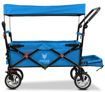 FUXLIFE Bollerwagen FX-CT800 Komfort faltbar - Türkis • Kinder Transportwagen mit Sonnendach • gepolsterte Innenraumverlängerung • robuste Räder • kompakt klappbarer Handwagen