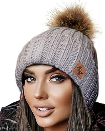 4sold Herr, dam, vinterstil, mössa, stickad mössa med pälstofs, tofs, hatt, stickad toppluva, enkel, ski pom, av ull med mysigt fleecefoder, Grå brun, En Storlek