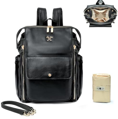 MISS FONG Baby-Wickeltasche, Rucksack, Wickelrucksack, Leder, Wickeltaschen mit Wickelunterlage, Babytaschen für Mama und Papa, mit Kinderwagengurten, isolierten Taschen