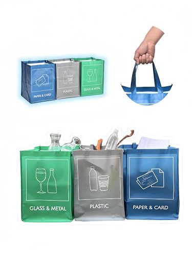 YOUNG DA - Reusable Recycling Bags, Recycling Bins 3-Piece Set with Handles for Kitchen, Home and Office, Waterproof, Easy Waste Separation & Recycling Organizer