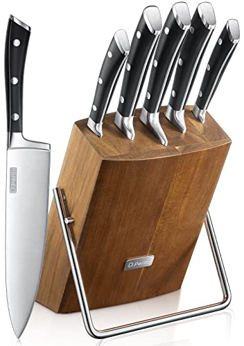 Knife Set, D.Perlla 6 Pieces Small Kitchen Knife Set with Block, German Stainless Steel Knives Set, Sharp Chef Knife Block Set, Brown