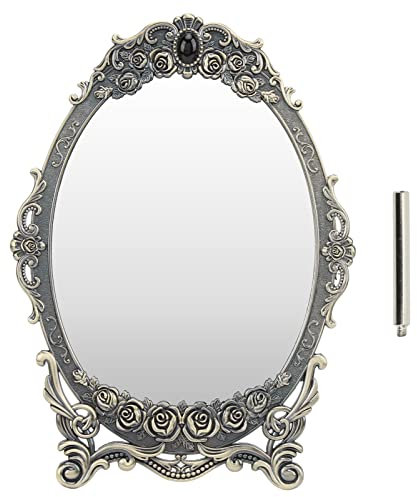 Qcwwy Espejo de Maquillaje de Escritorio Retro, Espejo de Tocador de Mesa Vintage Antiguo Espejo de Maquillaje de Pedestal Brillante con Flor Hueca en Relieve para Ayuda de Maquillaje Portátil(Cobre)