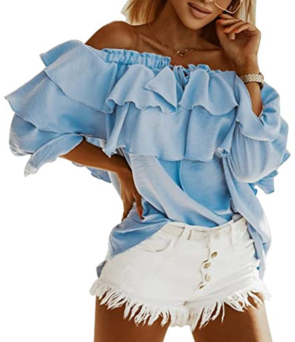 Onsoyours Top con Spalle Scoperte da Donna Camicetta a Manica Corta in Chiffon Estivo con Maniche a Campana Camicie a Tunica con Volant Casual T-Shirt Top Blu L