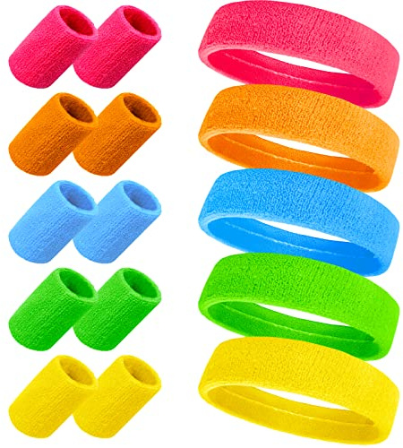 15 Stück 80er 90er Jahre Schweißband Neon Stirnband und Armband, 5 Hell Farben Sport Schweißband, Absorbierendes Frottee Schweißband für Retro 80er 90er Party Karneval Laufen Joggen Tennis