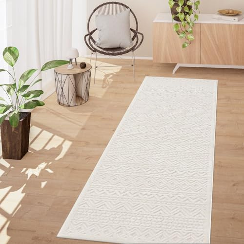 TT Home In-& Outdoor Teppich Wetterfest Balkon Küche Wohnzimmer Boho Skandi Design, Farbe:Creme, Größe:80x250 cm
