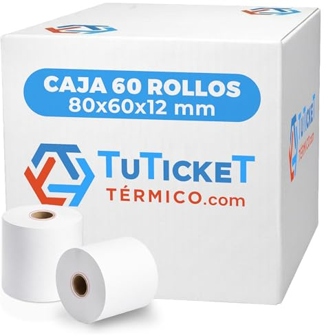 TuTickeT TÉRMICO.com - Rollo de Papel Térmico 80x60x12 mm (60 uds) para Impresora Térmica de Ticket y Comanda, Caja Registradora y demás TPV. Sin Bisphenol A