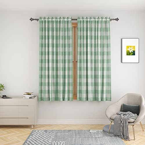 UPOPO Vorhänge für Fenster, Büffelkaro, kariert, Vichy-Muster, Stangentasche, Baumwolle, 121,9 cm Länge, Bauernhaus-Küchenvorhänge, 2 Paneele, Wohnzimmer, Schlafzimmer, Keller, Grün-Weiß, 132,1 x