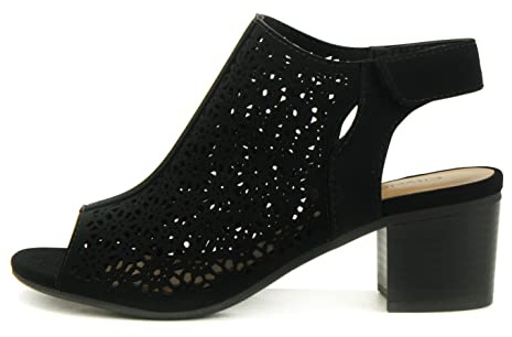 CityClassifed “Elect” ~ Women’s Laser Cut Geometric Caged Sling back Ankle Strap Low Stacked Heel Peep Toe Ankle Bootie (BLACK NB, us_footwear_size_system, adult, women, numeric, medium, numeric_7_point_5)