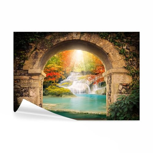 decomonkey Premium Fototapete Wasserfall Fenster mit Aussicht, 350x256 cm