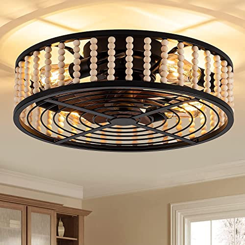 Ventilatori Da Soffitto Silenziosa Con Illuminazione e Telecomando Plafoniera Gabbia in Retrò Fan Ceiling light industrial Vintage in legno Ventilatore da Soffitto con Luce (A 50 * 50 * 17CM E27)
