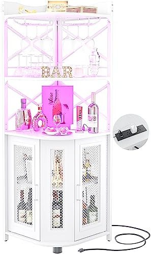 Aheaplus Corner Bar Cabinet with Power Outlet, Industrial Liquor Cabinet