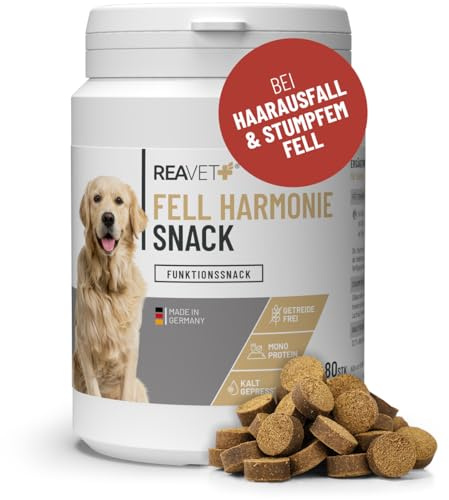 ReaVET Fellpflege Leckerlis Hund – Getreidefreier Hundesnack mit Lachsöl, Bierhefe & Kokosöl – Natürlicher Snack mit Omega-3-Fettsäuren, ideal für Fell & Hautpflege, Fellwechsel I 170 g (80 Stück)