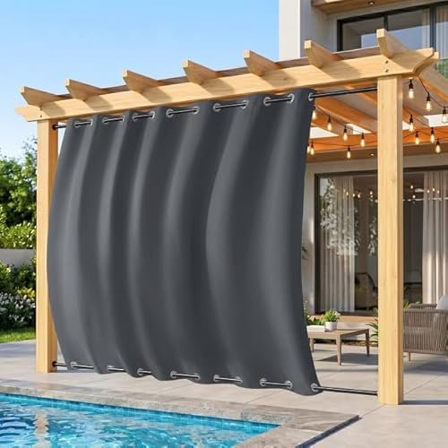 Outdoor Vorhang Wetterfest Winddicht, Extra Breit Blickdicht Vorhänge mit Ösen Oben & Unten, H274x B254 cm, Wasserdicht Sonnenschutz Sichtschutz Gardinen für Balkon Terrasse Pavillon, Dunkelgrau