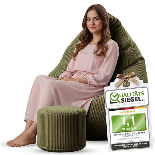 DreamRoots Sitzsack Erwachsene Cord 80x80x120 mit Hocker, Dark Olive | Bean Bag Chair mit Hocker, Lehne & Bezug, mit Füllung, Sitzkissen Boden, für Teenager & Erwachsene