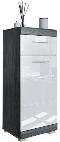Newroom Kommode Weiß Hochglanz Anthrazit Badezimmer Unterschrank modern | Schublade und Tür mit Einlegeboden, Bügelgriff Metall, Standschrank, Badschrank, schmal für kleine Bäder