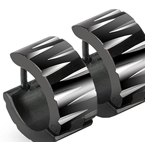 Taffstyle Unisex kreoler rostfritt stål örhängen kvinnor män klapp huggie kreoler rund bred med tribal ränder snitt silver svart, Rostfritt stål