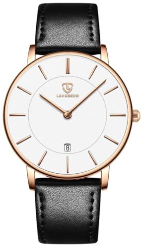 aswan watch Flache Damen Analog Quarz Armbanduhr mit Lederarmband, Datum, 2 Zeiger, 39 mm Gehäusegröße