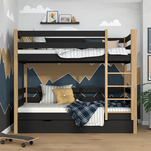 N-wood N01 Etagenbett mit Schublade, Kinderbett 100x200 cm, für 2 Kinder, 2 Leitermontageseiten: Links oder rechts, abgerundete Kanten, Massivholzkonstruktion, Hochwertige Materialien, Schwarzeiche